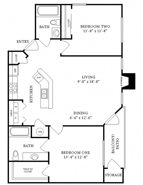 Floor plan for 2 beds, 2 baths, 1012 sqft